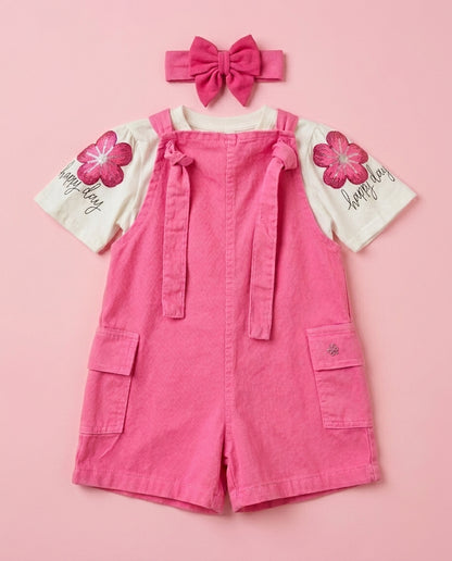 Jardineira Pink + blusa Happy