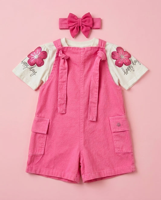 Jardineira Pink + blusa Happy