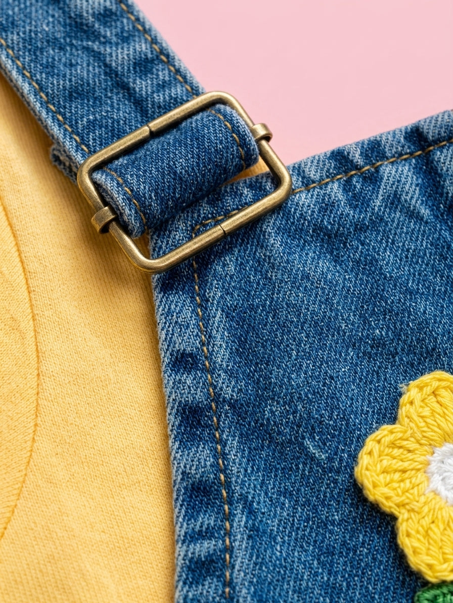 Salopete jeans com blusa amarela